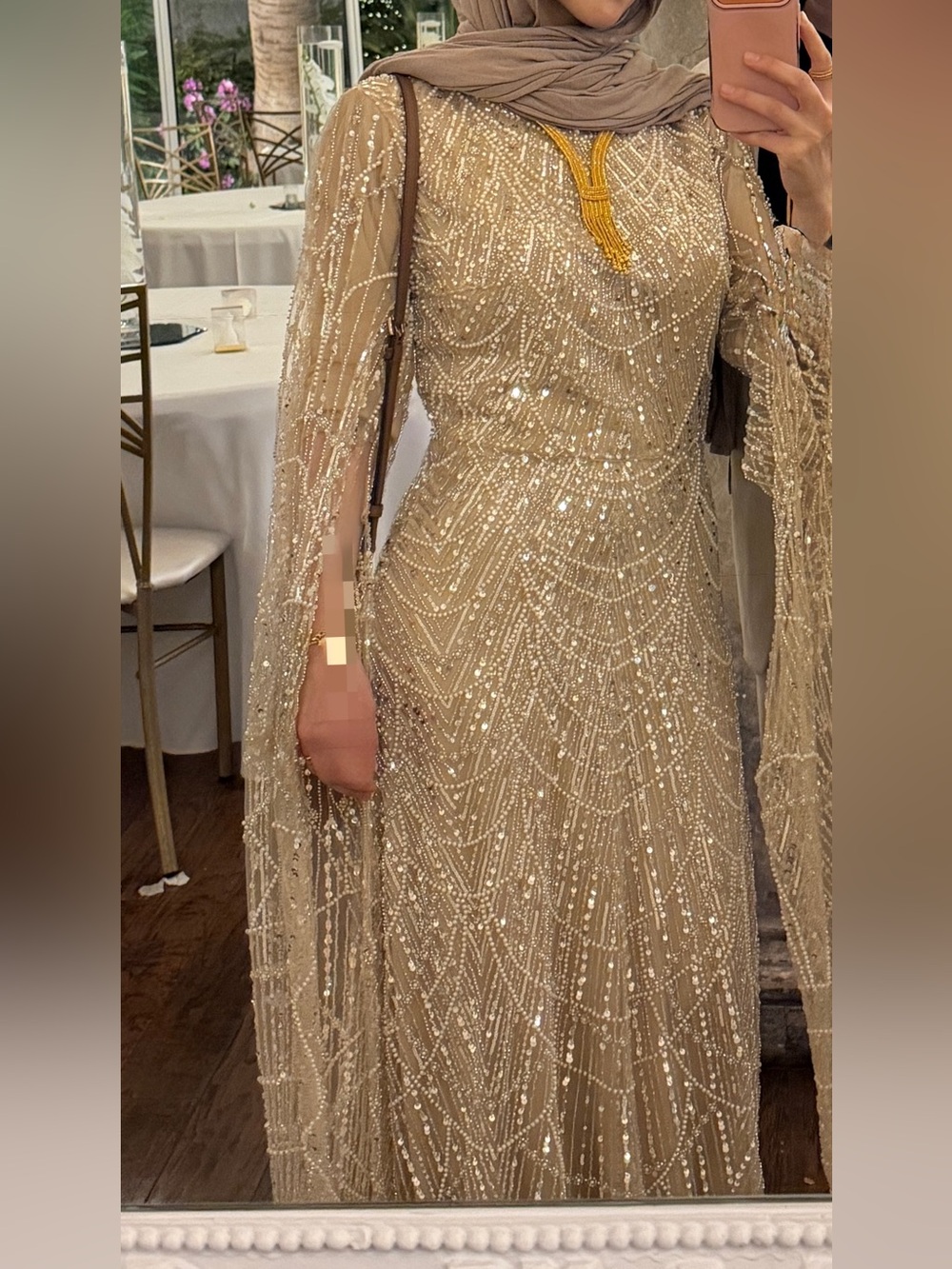 Unk Gold Beaded Long Sleeve Evening Gown